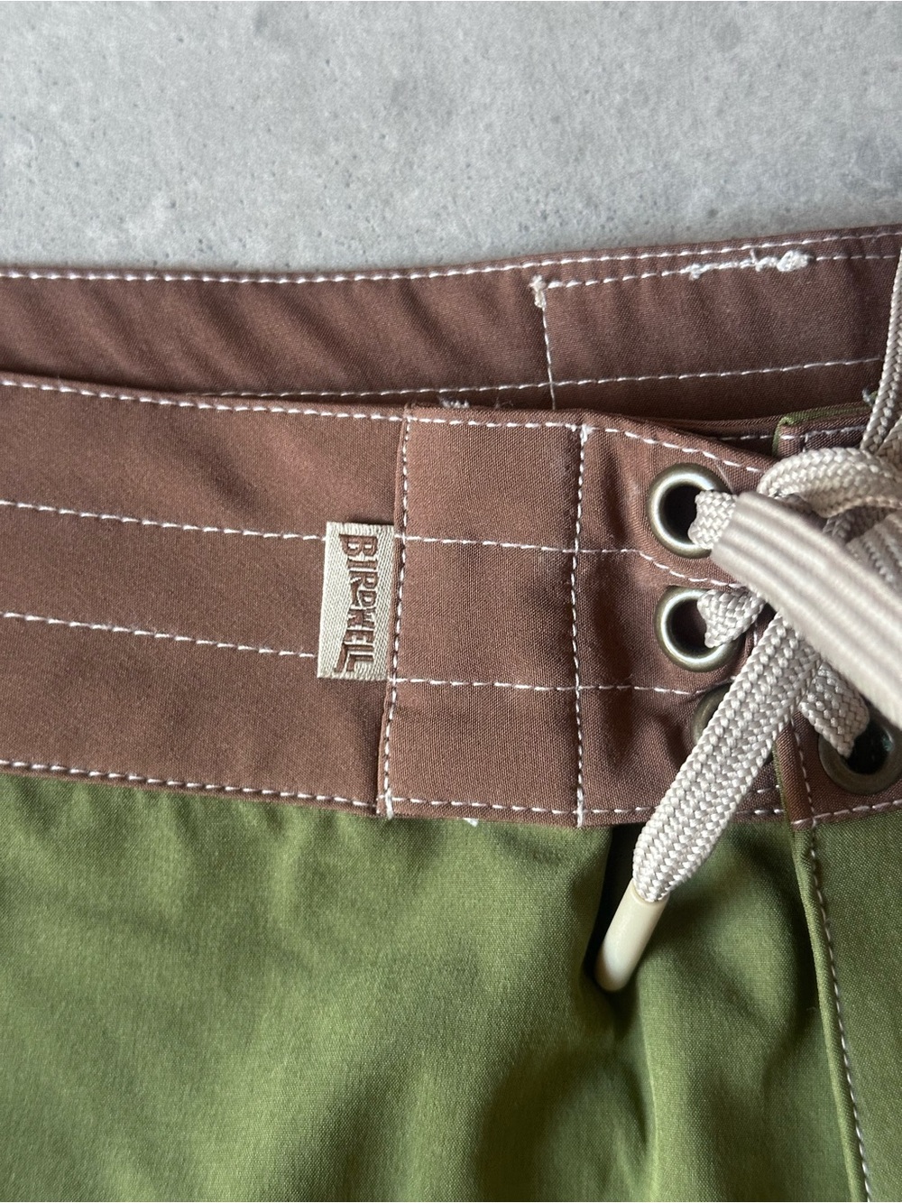 NWOT Olive & Light Blue BIRDWELL Board Shorts with Brown Waistband - Picture 3 of 5